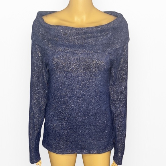 Cache Oversize Collar Navy Blue Metallic SweaterSize L - Picture 5 of 8